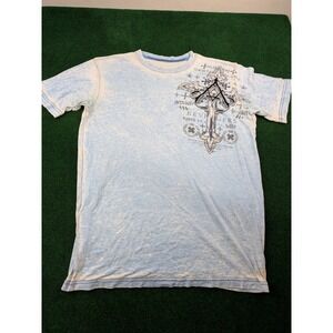 Affliction Archaic Mens Blue Acid Wash Gothic Cross Graphic T-Shirt Size M MMA
